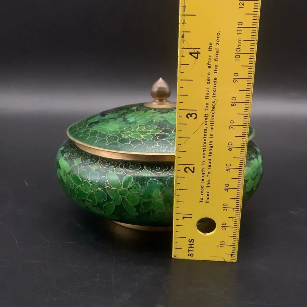 Chinese Cloisonne Bowl w/ Lid Enamel Over Brass Green Champleve Floral Leaf - Picture 16 of 16